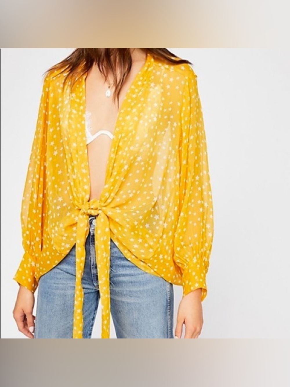 Free People Star Dazed Yellow Tie Front Kimono Long Sleeve